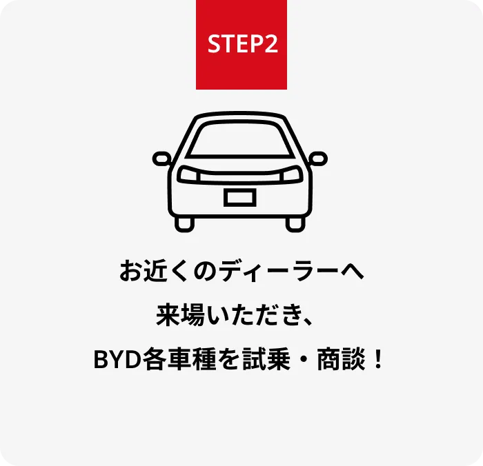 STEP2 お近くのディーラーへ来場いただき、BYD各車種を試乗・商談！